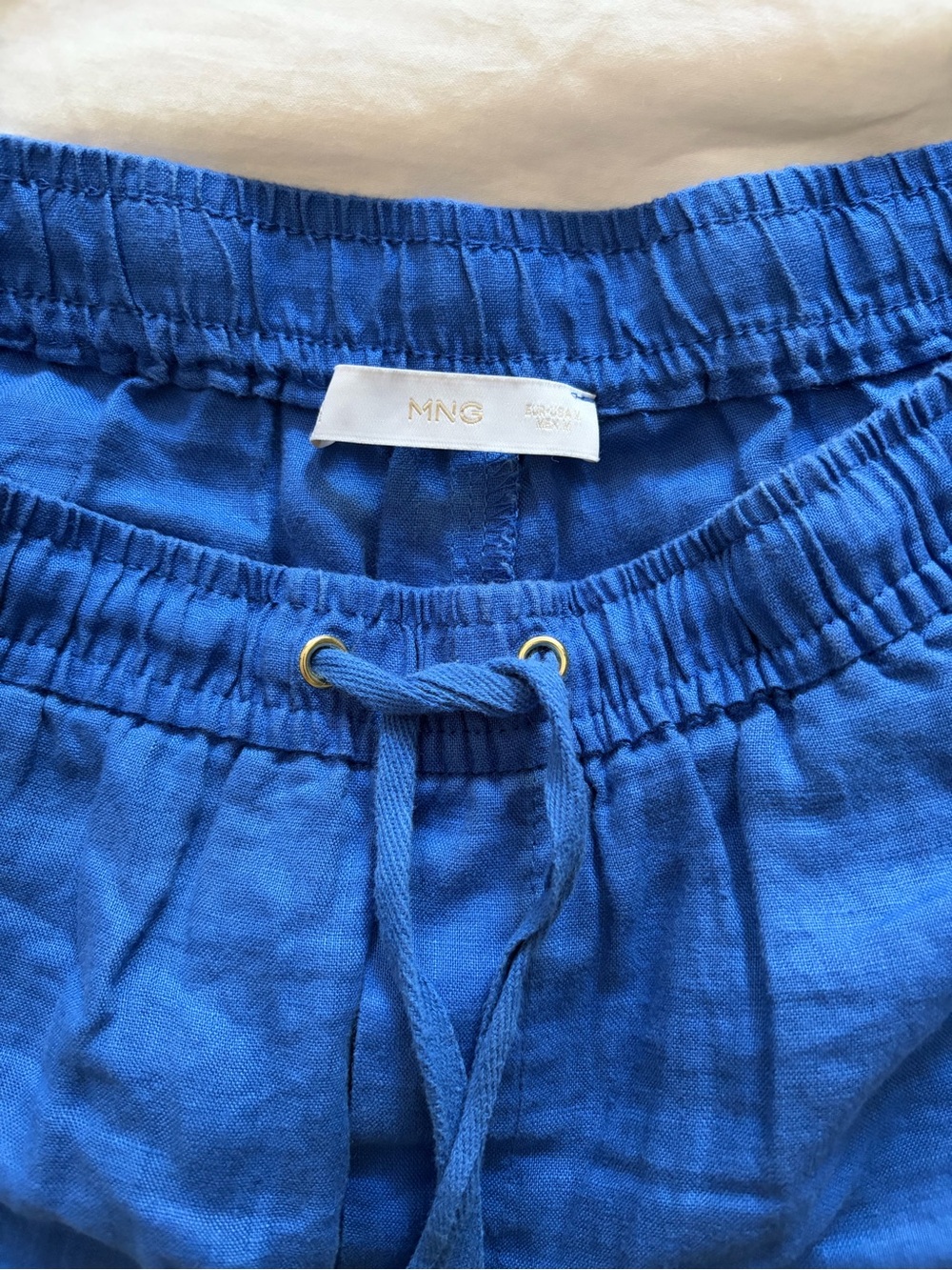 MNG Elastic Waist Drawstring Linen Pants in Bright Blue (size M)